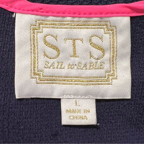 Sail to Sable Navy Blue Fit & Flare Dress Sz L Pink Trim V-Neck Coastal Preppy - Picture 5 of 6